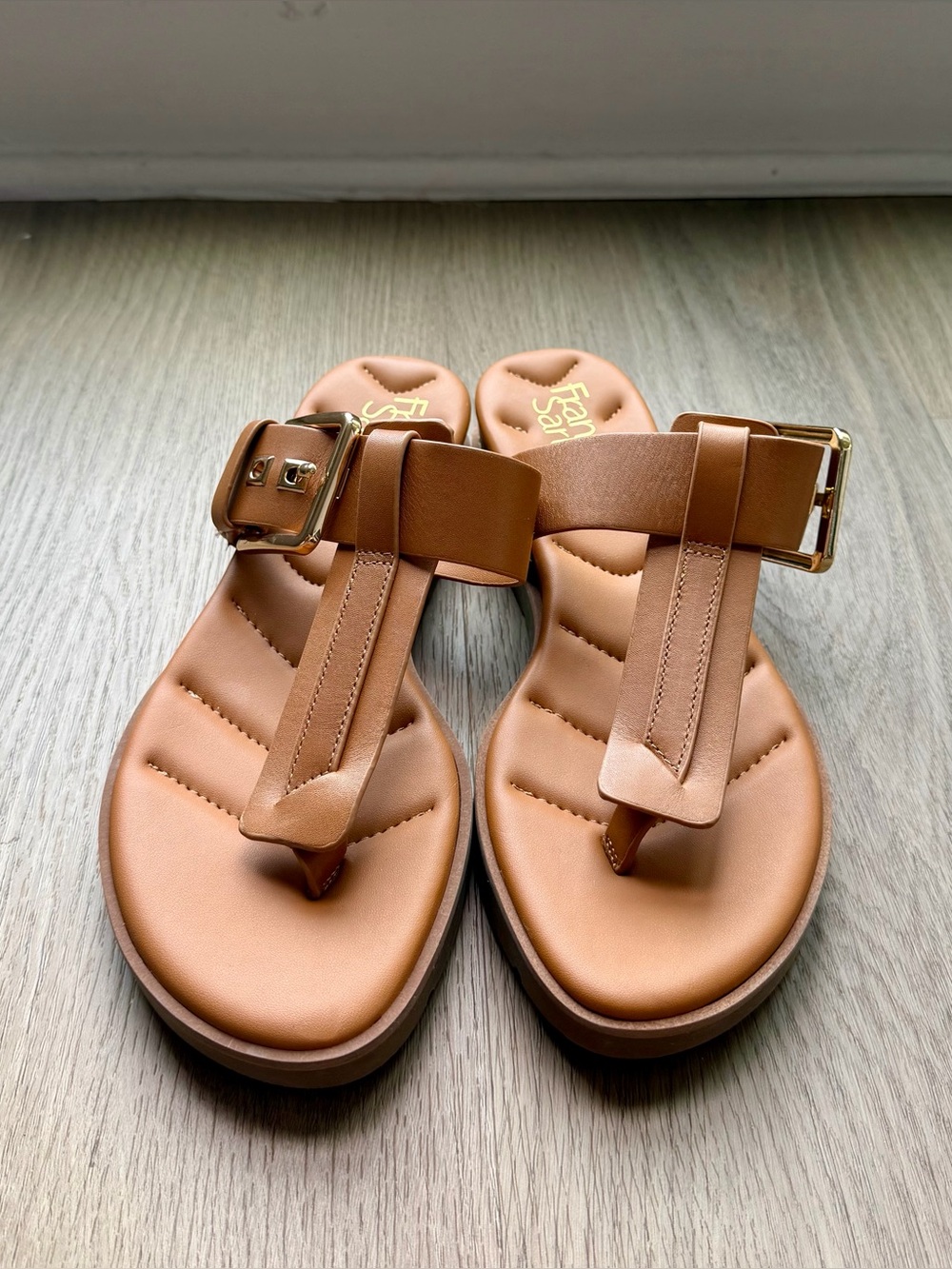 Franco Sarto Tan Leather Buckle Thong Sandals